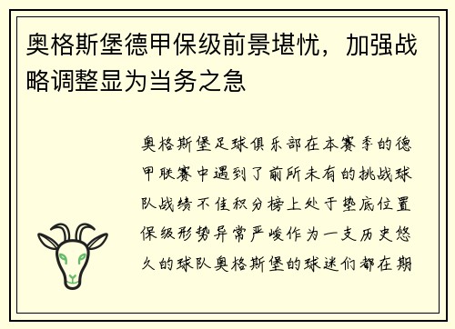 奥格斯堡德甲保级前景堪忧，加强战略调整显为当务之急